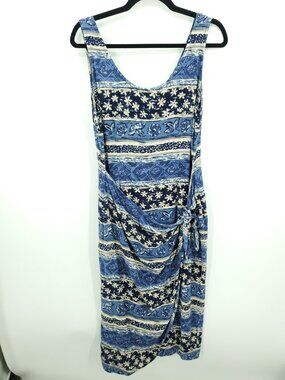 VTG 90s S. Roberts Sleeveless Scoop Neck Wrap Waist Midi Dress M/L Blue/Cream